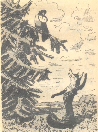иллюстрация А.М. Каневского к басне Крылова "Ворона и Лисица"
